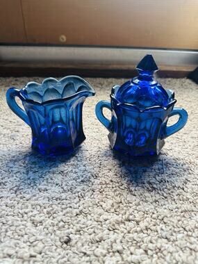 Vintage cobalt blue pressed glass Paneled Octagon Creamer-Sugar /Lid